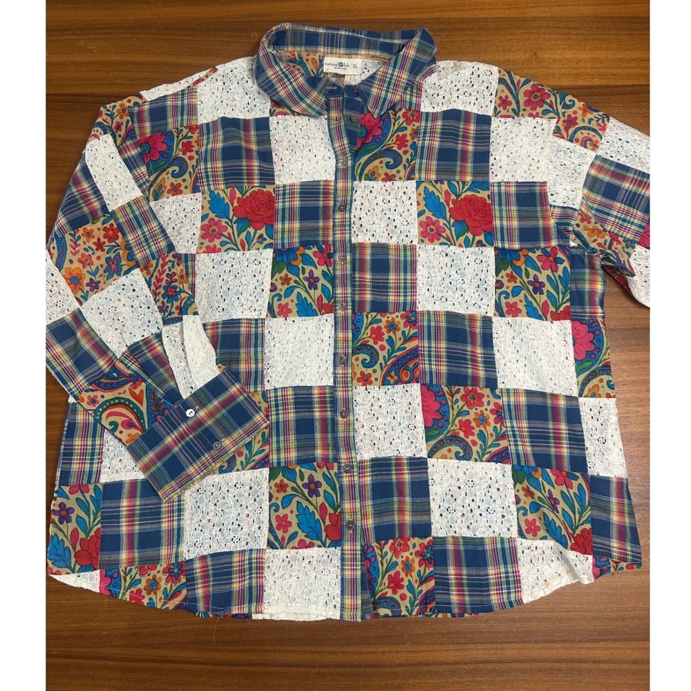 Natural Life Barcelona Patchwork Button Down Shirt XL NWT Lace Boho Oversized - Picture 5 of 10